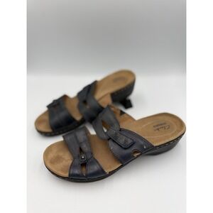 Clarks Bendable Wedge Sandal Women 8.5M Blue Leather Adjustable Strap Slip On